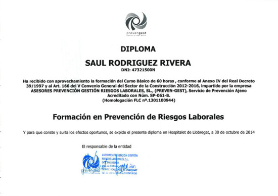 Diploma de PRL Albañilería de Reformes Refohabit