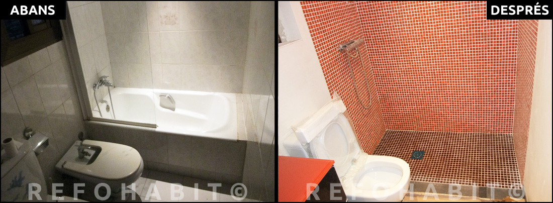 Reformes de cuines i banys > ABANS + DESPRÉS de reforma de bany integral a pis de Barcelona. Canvi de banyera per dutxa d'obra amb gresite, a nivell de pas.